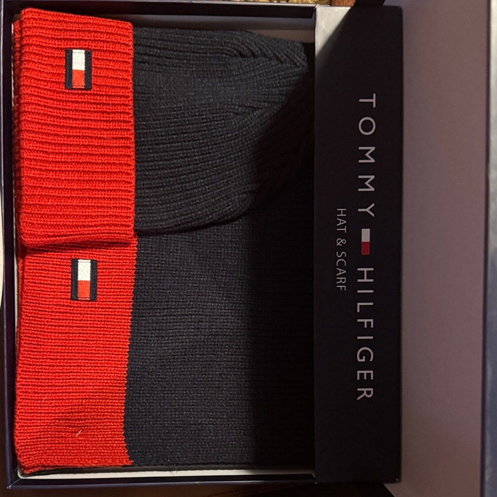 Tommy Hilfiger Black and Red Hat & Scarf Set